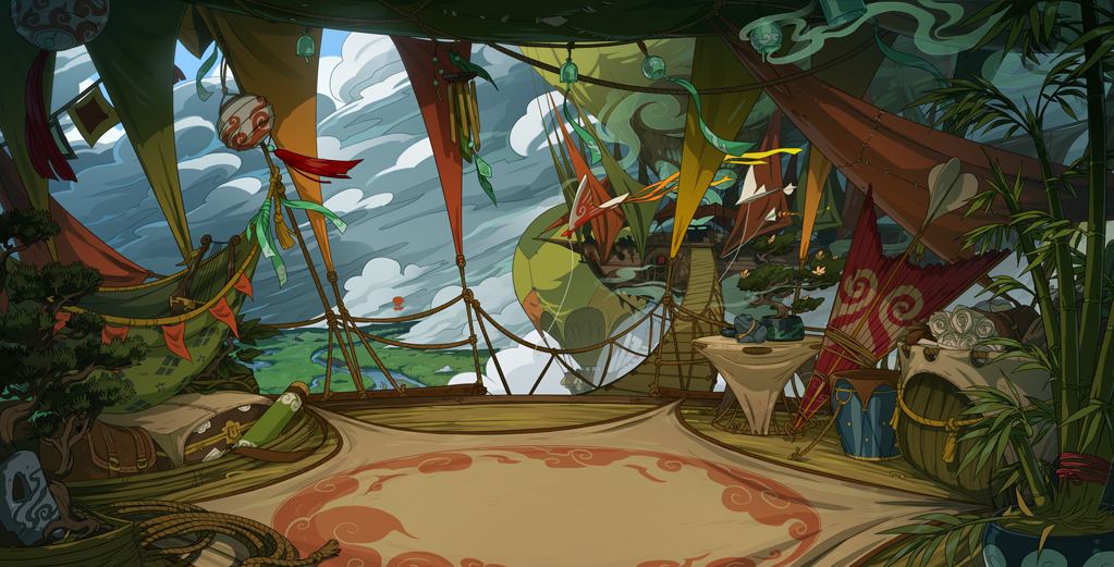 The wind lair scene depicts an interior that is a bamboo and balloon floating structure connected to others via rope bridges. Scrolls, maps, kites, drums, and equipment litter the interior, while in the distance the wind kicks up the clouds over the landscape far below.
